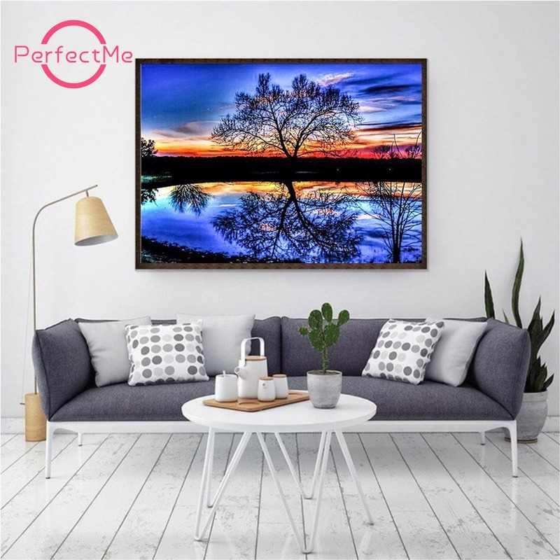 Bộ tranh đính đá DIY hình hoàng hôn 30x40cm để trang trí nhà