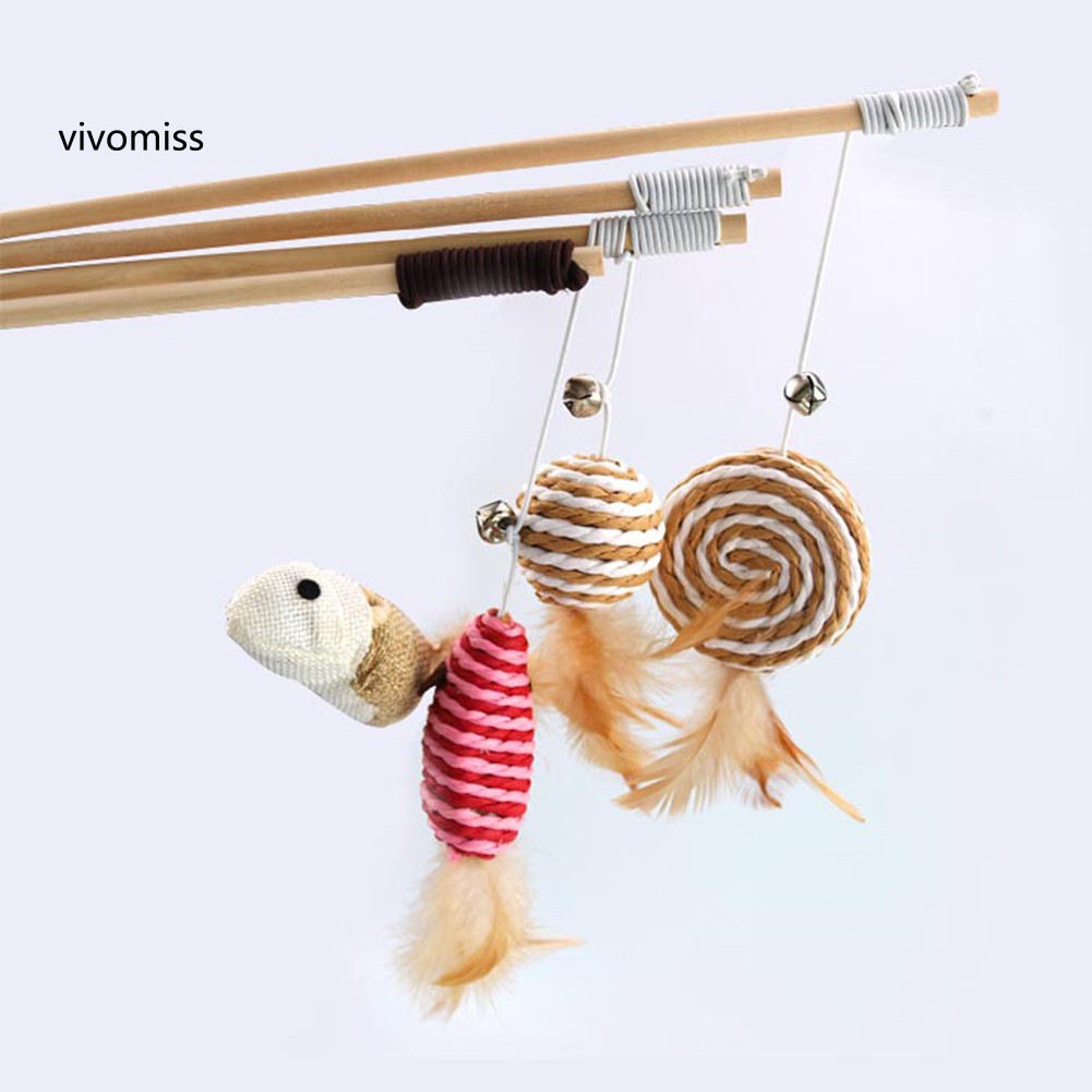 Đồ chơi cho thú cưng/mèo hình cây đũa thần gỗ đính chuông và lông vũ với quả bóng/cá/chuột