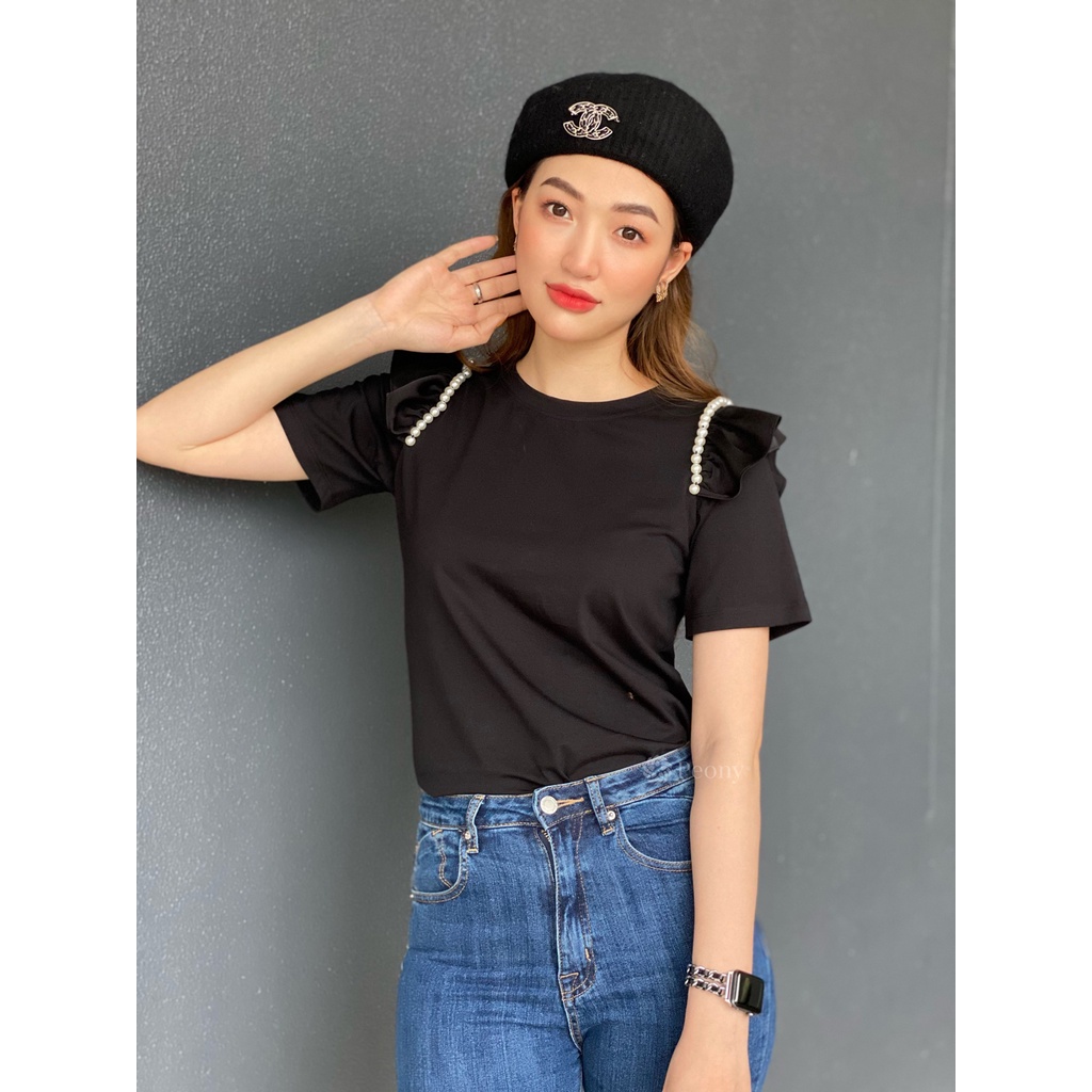 Áo thun kiểu bèo vai, thêu trai trẻ trung, nữ tính, trendy, dáng rộng - Peony