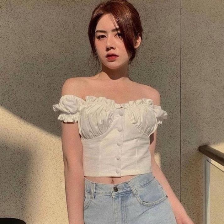 C3 Áo Croptop Nhún Ngực Nút Bọc AMO