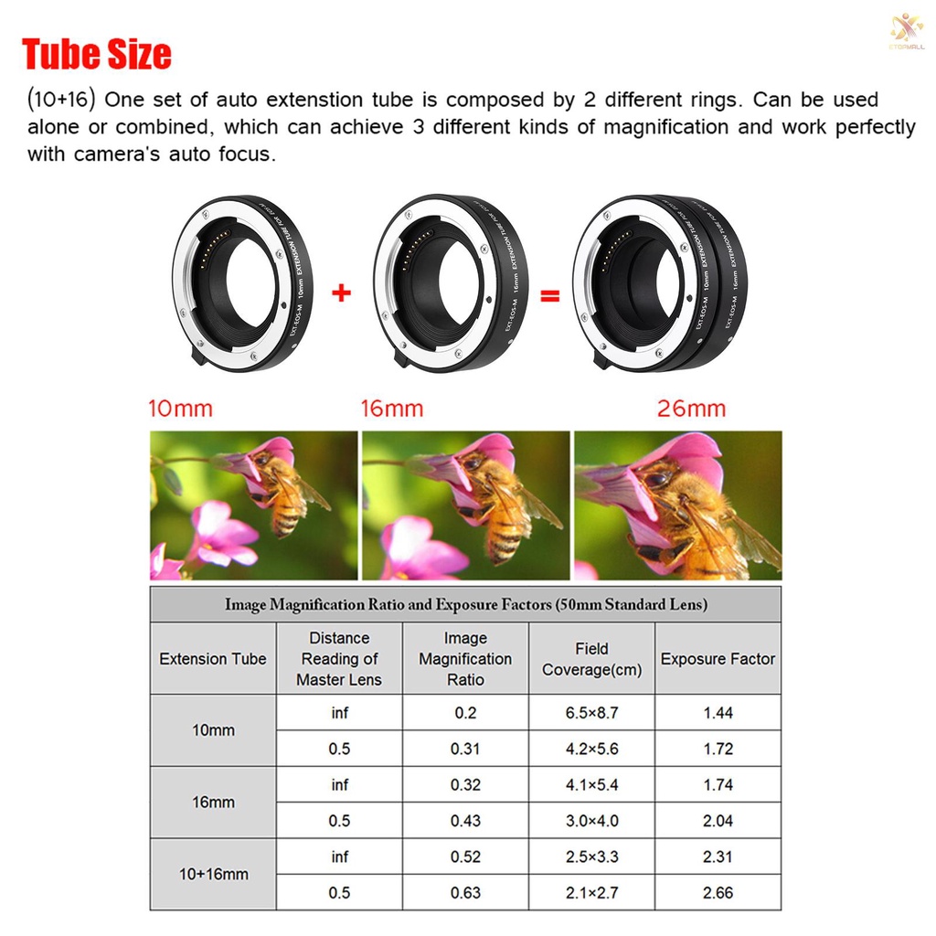 ET DG-EOS M Automatic Extension Tube 10mm and 16mm Auto Focus for  EF-M Mount Series Mirrorless Camera and Lens