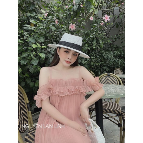 Váy dập ly hai dây trễ vai đính kèm bèo nhún ngực xinh đẹp