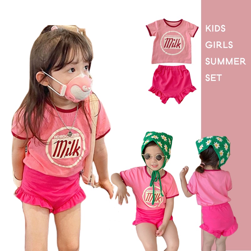 Bộ Áo Thun Ngắn Tay In Hình Hộp Sữa + Quần Short Ôm Hông Cho Bé Gái