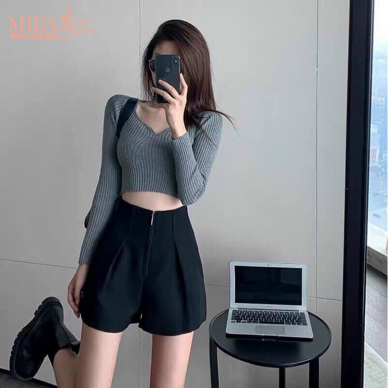 Quần short trắng nữ cạp cao liền ống rộng dáng ôm mông ngắn khóa trước dài cá tính - Quần sooc vải đen đi biển ở nhà ngủ