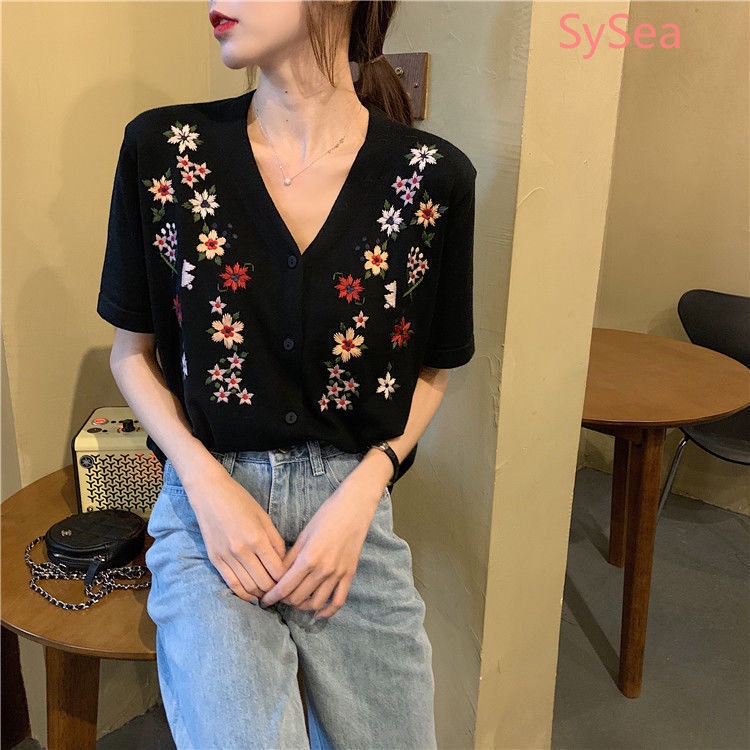 Áo Khoác Cardigan Dệt Kim Thêu Hoa Xinh Xắn Cho Nữ