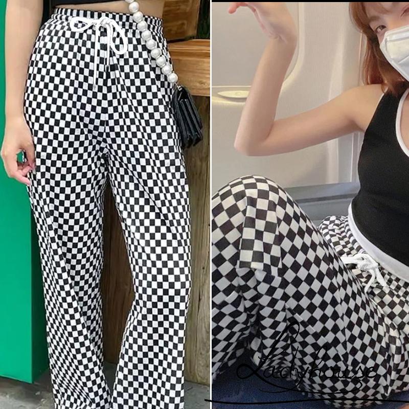 Quần dài lưng thun ống suông họa tiết sọc caro phối dây rút thời trang mùa xuân cho nữ