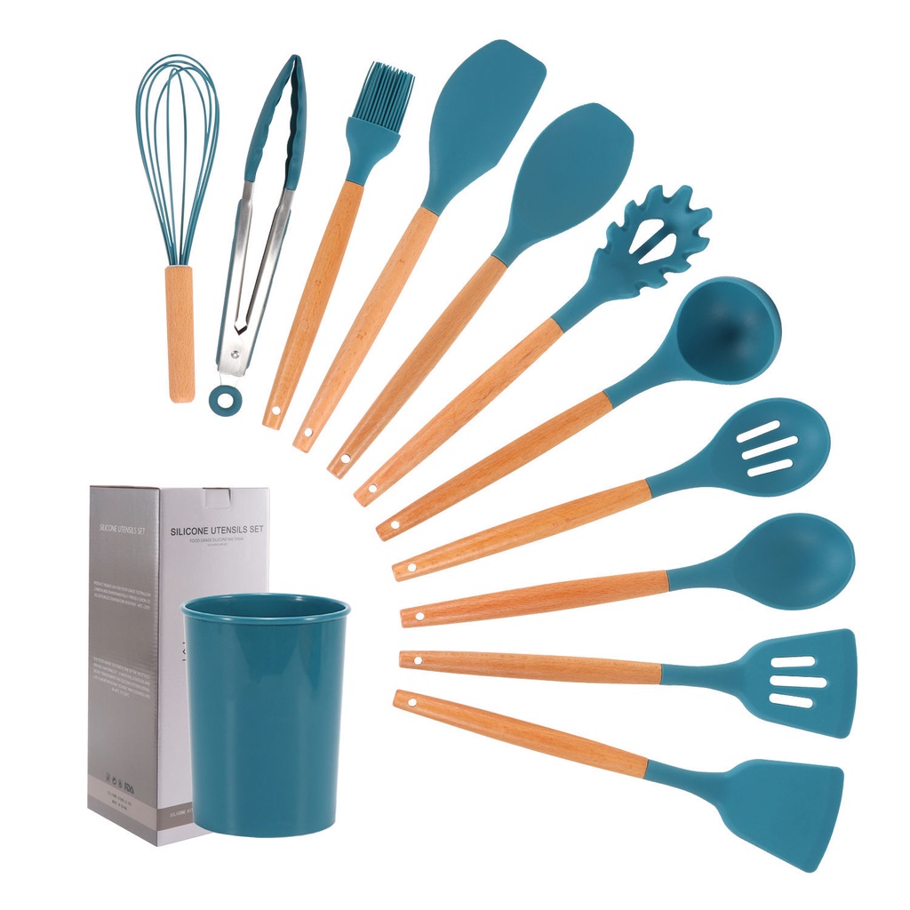 Bộ Dụng Cụ Nấu Ăn Bằng Silicone Không Dính Với Tay Cầm Gỗ