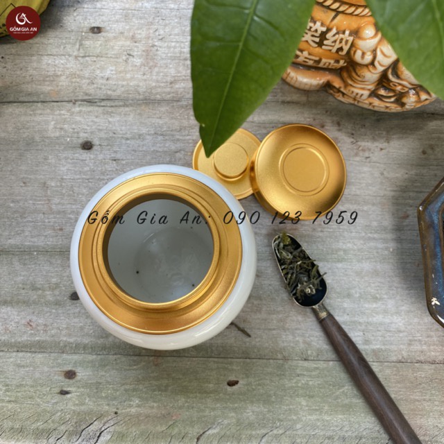 Hũ đựng trà cao cấp nắp đồng vàng kín hơi - gốm sứ bát tràng