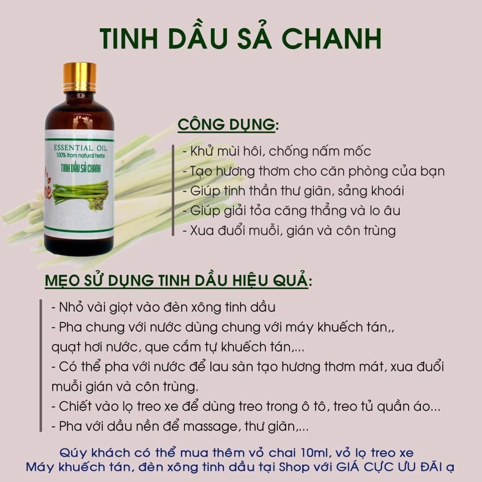 Tinh dầu Sả Chanh Lemongrass 10ML 100% từ thiên nhiên, giúp đuổi muỗi, côn trùng, xông phòng , thơm phòng