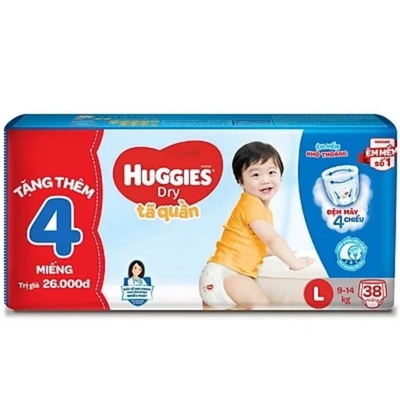 (Tặng 4miếng )Tã Quần Huggies Dry L38 (38 Miếng) - Bao Bì Mới