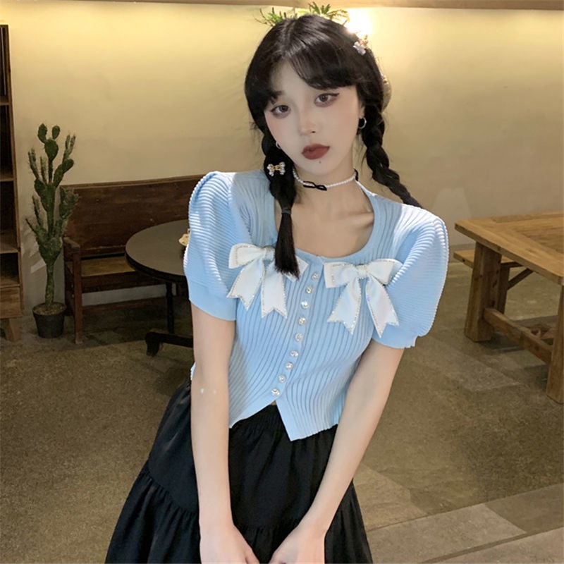 Áo Thun Tay Phồng Ngắn Thắt Nơ Ngọt Ngào Và Ngọt Ngào Thời Trang Mùa Hè Cho Nữ