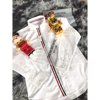 Sơ mi thom brown Trắng viền 4 sọc trắng