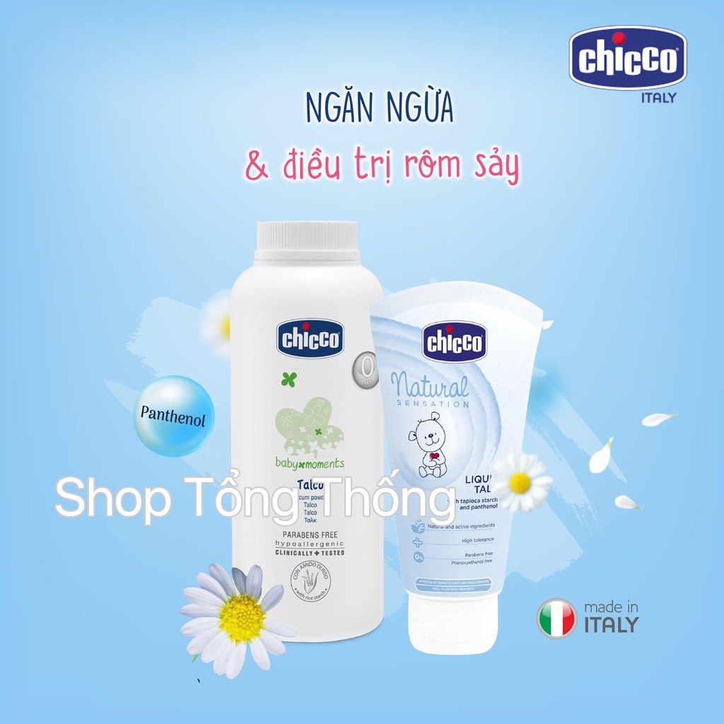 Phấn rôm Chicco nhập khẩu từ Ý tinh bột gạo,phấn nước làm mát da dưỡng da mềm mịn thơm mát nhẹ dịu cao cấp cho bé 150gr
