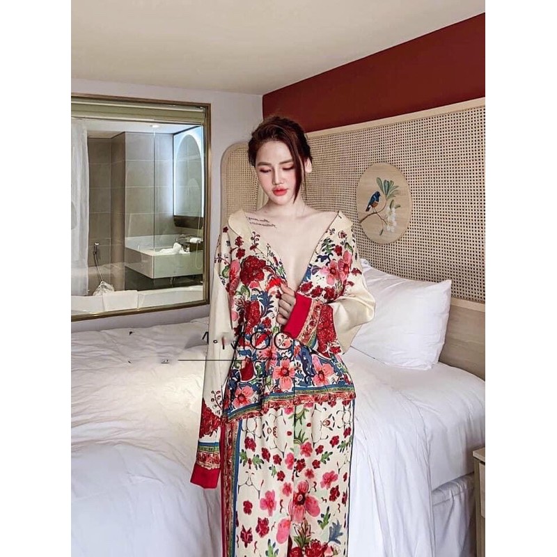 BỘ PYJAMA LỤA CAO CẤP CHÙM HOA ĐỎ
