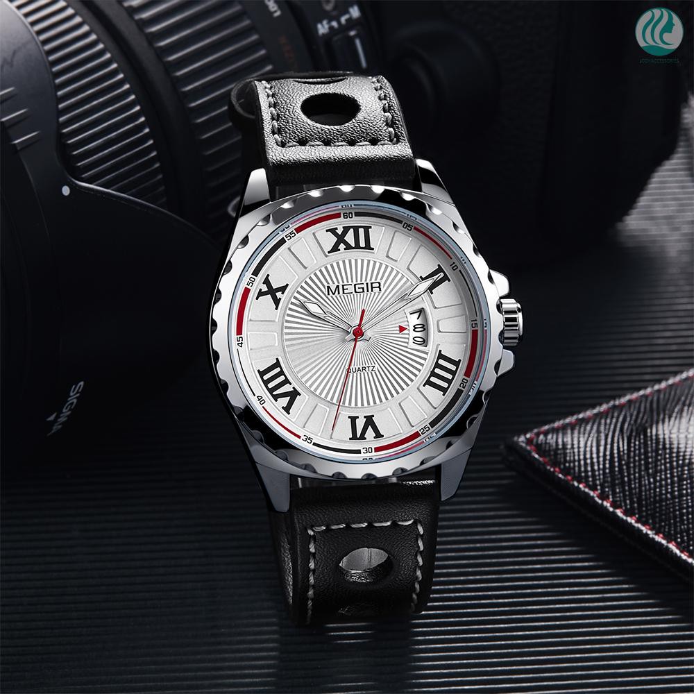 🌱MEGIR 1019G Men Watch Quartz Sport Watch Waterproof Roman Numeral Dial Classic PU Strap Calendar Wrist watch wit