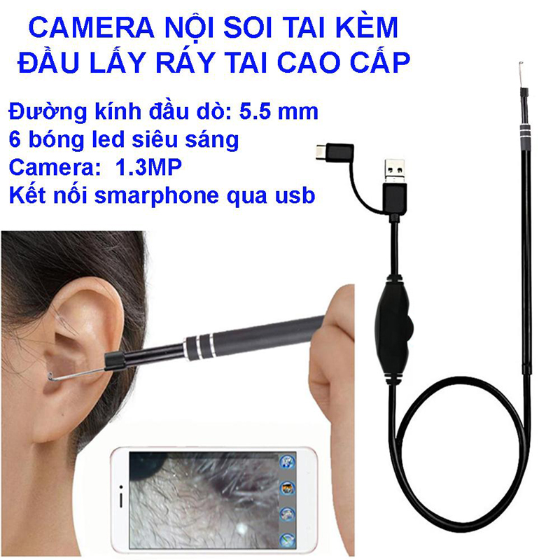 Bộ Lấy Ráy Tai Có Đèn, Camera Mini, Camera Nội Soi Tai, Mũi, Họng Siêu Nét Đi Kèm Bộ Đầu Lấy Ráy Tai, Soi Tai Mũi Họng