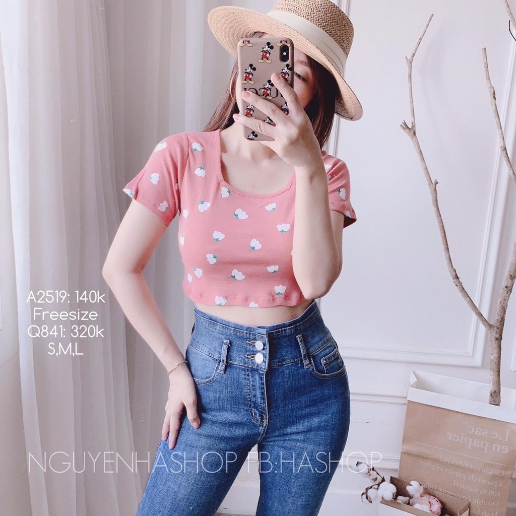 [Ảnh Thật] Áo croptop body ôm cổ tròn in Hoacực xinh cho các bạn nữ