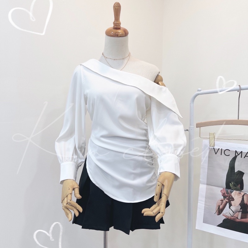 SET ÁO LỆCH VAI GÀI NÚT + CHÂN VÁY XẾP LY
