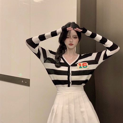 【ZHELIHANGFEI】Áo Khoác Cardigan Dệt Kim Tay Dài Cổ Chữ V Họa Tiết Kẻ Sọc Thời Trang