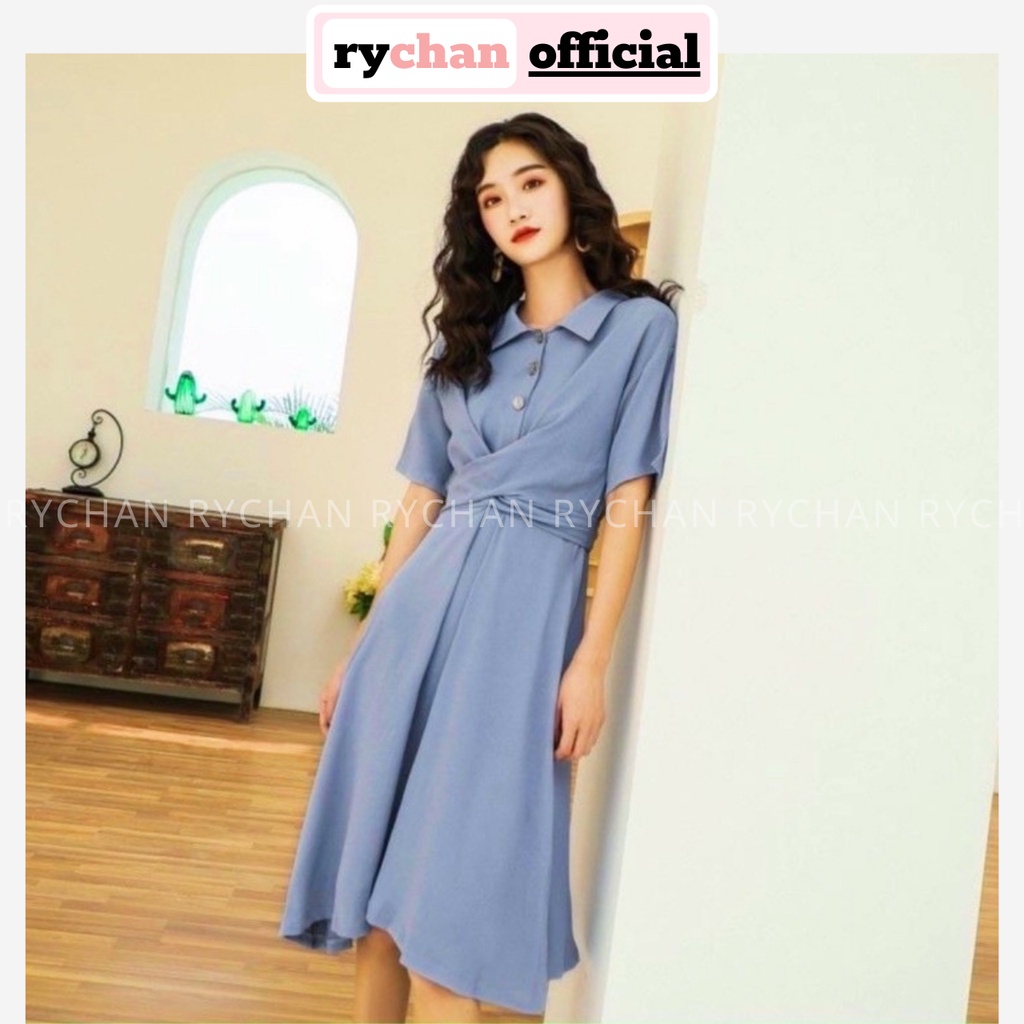 Đầm Váy Sơ Mi Nữ Cách Tân Nút Trước Chéo Eo Cực Thanh Lịch Màu Hồng Ruốc Xanh Đen - DX9886