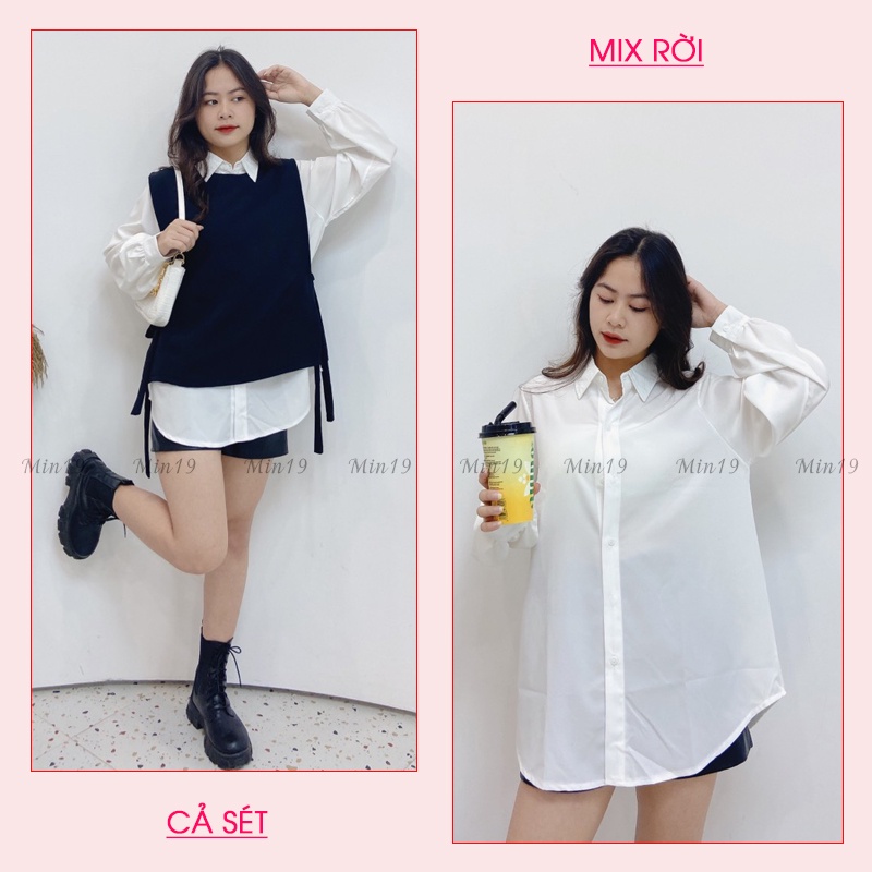Sét Sơ Mi MIN19 Áo Sơ Mi Kiểu Hàn Quốc Dáng Dài Phối Gile Đen Freesize Tay Phồng  Form rộng Thời Trang