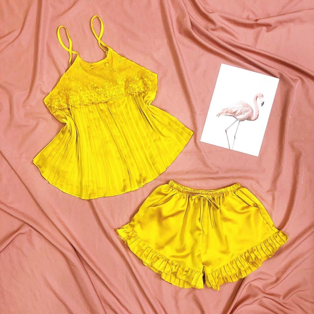 Đồ ngủ yếm dây dập ly phối ren, chất liệu lụa satin mềm mại quyến rũ, freesize dưới 65kg - SHOP HUYỀN TRANG.