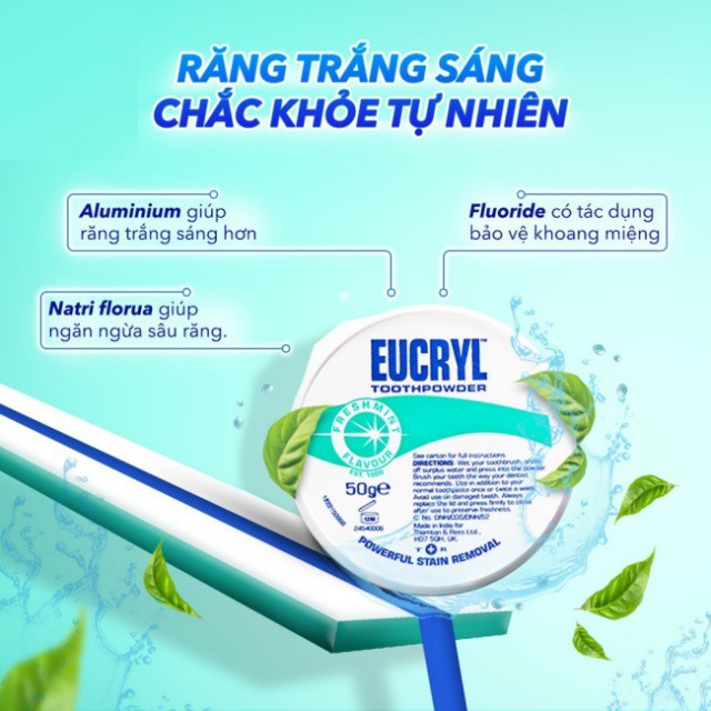 Bột Trắng Răng Eucryl Hương Bạc Hà Tooth Paste Giúp Răng Trắng Sáng