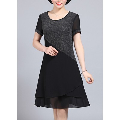 Đầm Suông Trung Niên Dạo Phố Kiểu Váy Đen Trơn Phối Thun Kim Tuyến 3010