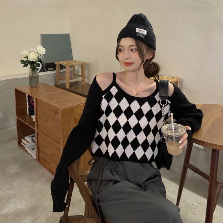 QKOOLE  Áo len dài tay trễ vai họa tiết kim cương phong cách Hàn Quốc thời trang cho nữ