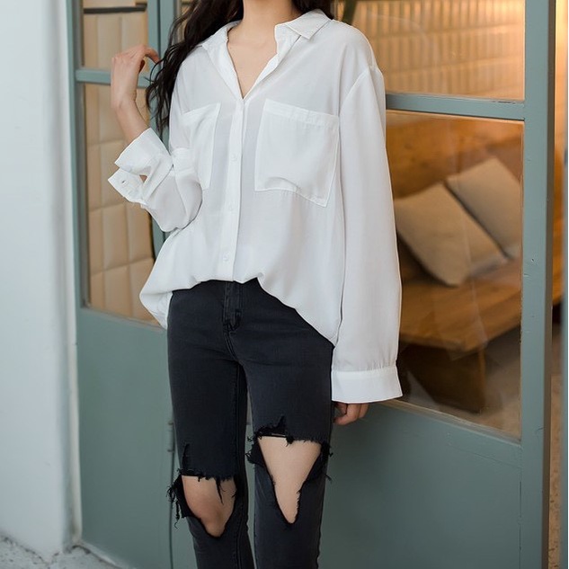 Áo Sơ Mi Nữ From Rộng MOLA Chất Đũi Kiểu Công Sở Dài Tay Phồng 2 Túi Dáng Dài Hàn Quốc Vải Lụa Màu Trắng Cổ Đức Vintage