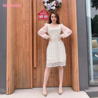Đầm Thiết Kế Ren Dài Tay Nữ TEMA - Đầm Ren Thêu Tay Bồng Cổ Vuông 2 Lớp