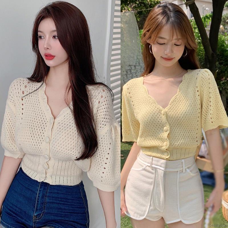 Áo Cardigan Dệt Kim Tay Ngắn Cổ Chữ V Phối Nút Thời Trang Cho Nữ