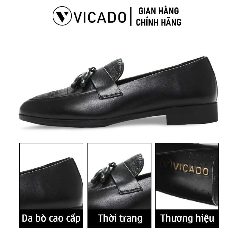 Giày tăng chiều cao nam công sở da bò cao cấp Vicado VA1080 màu đen đế khâu chắc chắn