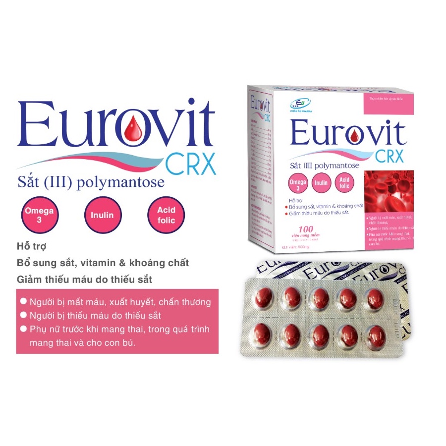 Viên Bổ Máu Eurovit – Bổ Sung Sắt III – Acid Folic – Không Nóng, Không Táo Bón – Bổ Sung Sắt Cho Các Đối Tượng, Hộp 100V