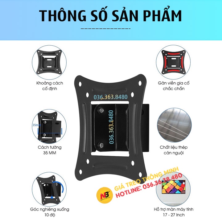 Giá Treo Màn Hình 17 - 27 Inch  - Tùy Chỉnh Góc Nghiêng Xuống 10 Độ Model C12 / Cách Tường 3,5 Cm