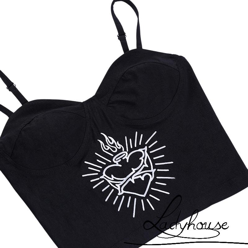 Áo croptop không tay vải nhung phối ren màu đen phong cách gothic punk dành cho nữ