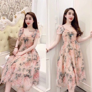 Đầm tiểu thư nhún ngực dáng dài Lụa hoa