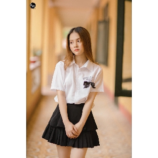 Sét học sinh cute: áo sơ mi nơ ngực kèm chân váy xòe hàng Quảng Châu - ảnh thật mình mặc