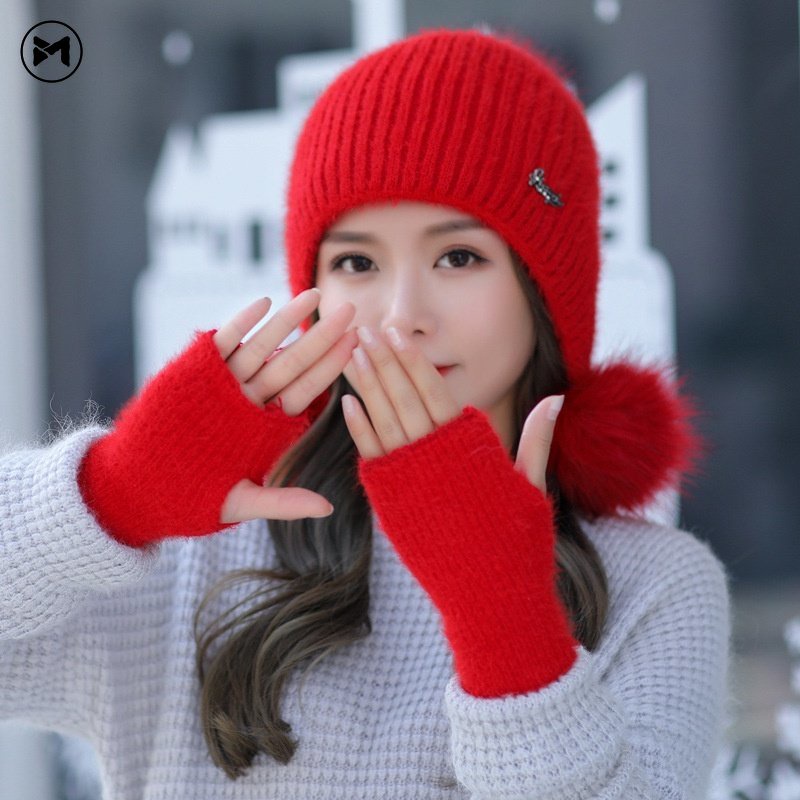 Set Mũ Len Kèm Găng Tay Giữ Ấm Mùa Đông Thời Trang Dành Cho Nữ