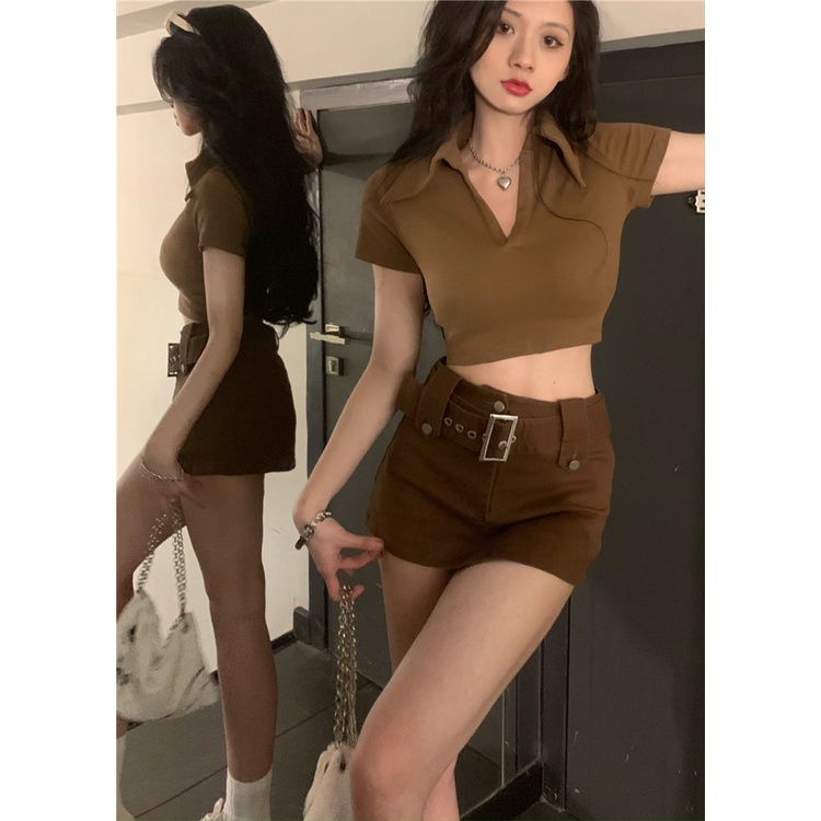 Áo polo Ngắn Tay Cổ V Lưng Cao Vừa Vặn Phong Cách retro Mỹ Cho Nữ