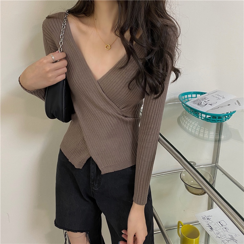 Xiaozhainv Áo dệt kim nữ cổ chữ V dáng ôm 5 màu thời trang