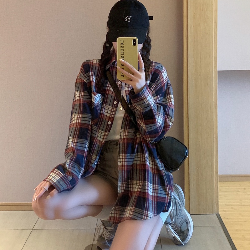 SUXI Áo Sơ Mi Caro Tay Dài Thời Trang Nữ