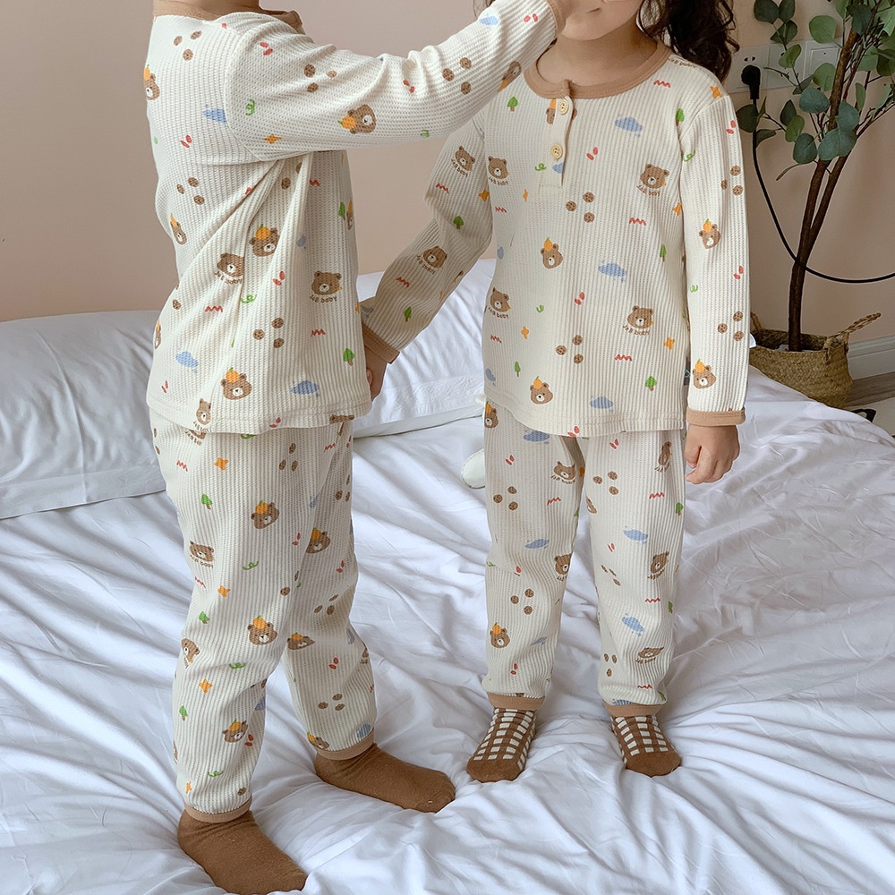 Set quần áo sơ sinh dài tay vải cotton tổ ong mặt gấu họa tiết bắt mắt, Bộ quần áo bé trai và bé gái mềm mại thoáng mát