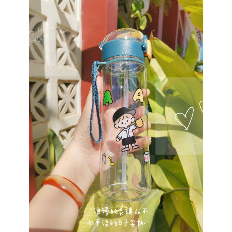 Bình đựng nước cute có ống hút, bình nước nhựa dễ thương có ống hút 500ml mang đi học, đi làm tiện dụng dễ thương