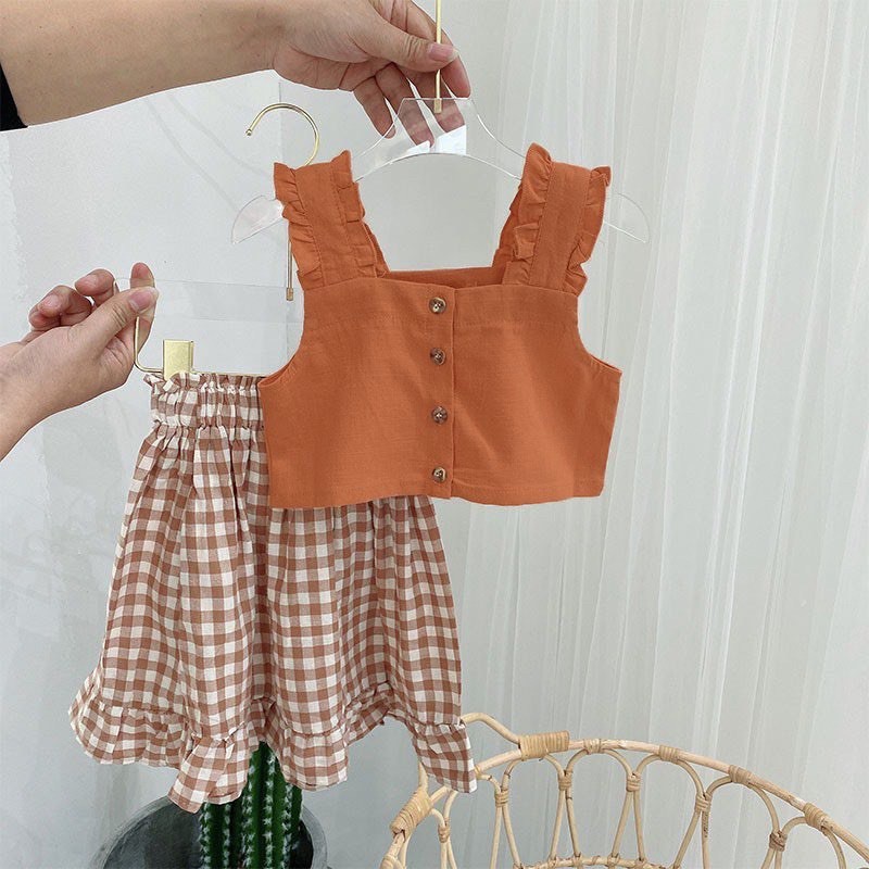 SET ÁO CROPTOP CHÂN VÁY KẺ BÉ GÁI