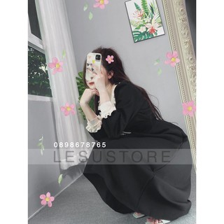 ẢNH TỰ CHỤP Đầm midi cổ sen phối màu