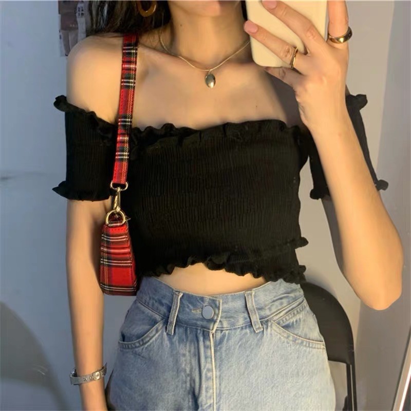 Áo Croptop Len Trễ Vai Tiệm Vải Xinh Áo Kiểu Croptop Sexy CT010