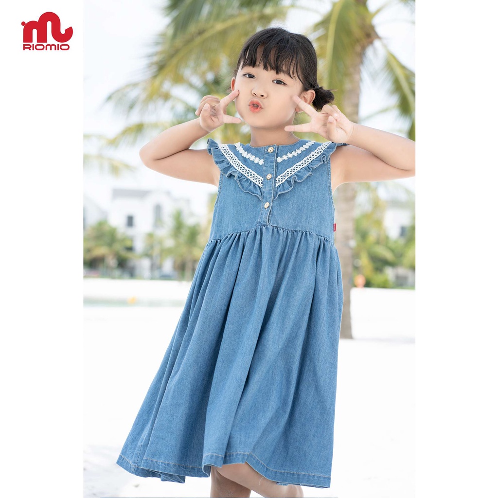Váy jean bé gái 3-11 tuổi (15-40kg) dáng suông RIOMIO cổ phối ren 100% cotton USA cao cấp cho bé - RO216