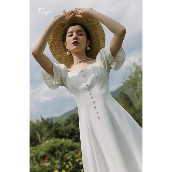 Jami Dress - Váy đầm trắng dáng dài FORYOU tay bồng đính cúc dọc, váy thiết kế xòe thanh lịch | BigBuy360 - bigbuy360.vn