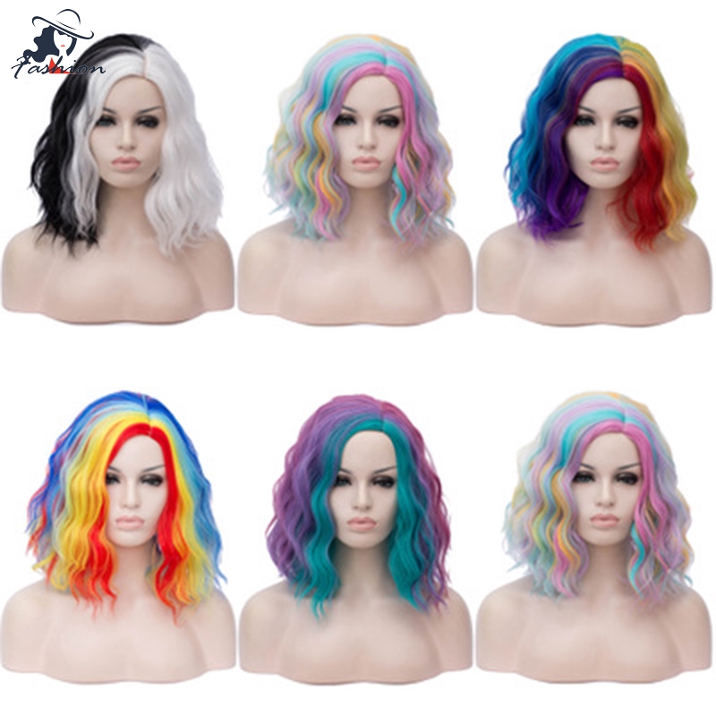 FF Women Short Curly Hair Wigs Heat Resistant Fibre Multicolor Rainbow Wigs